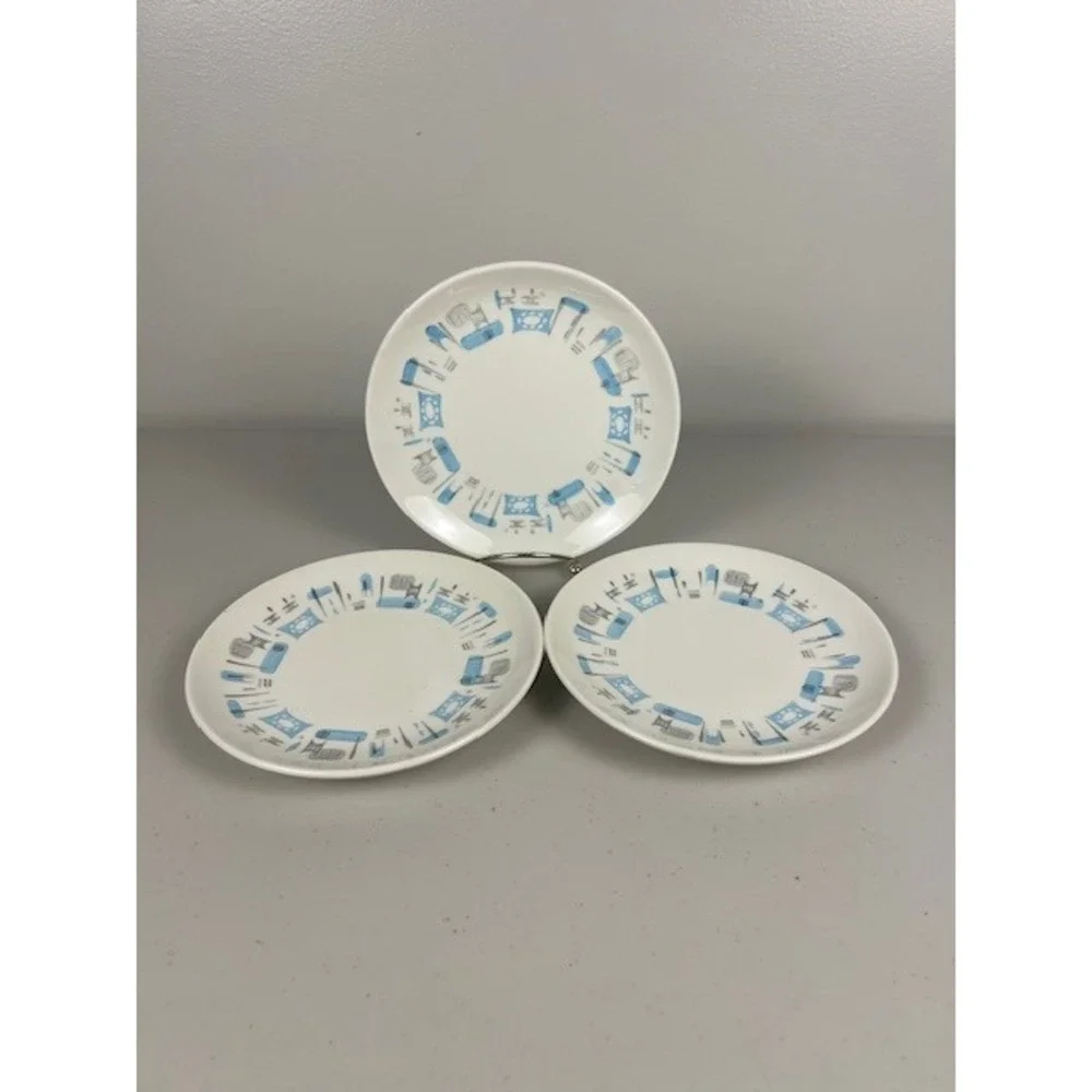 Vintage Mid-Century Modern Atomic Bread Butter Salad Plates Blue Gray Set 3